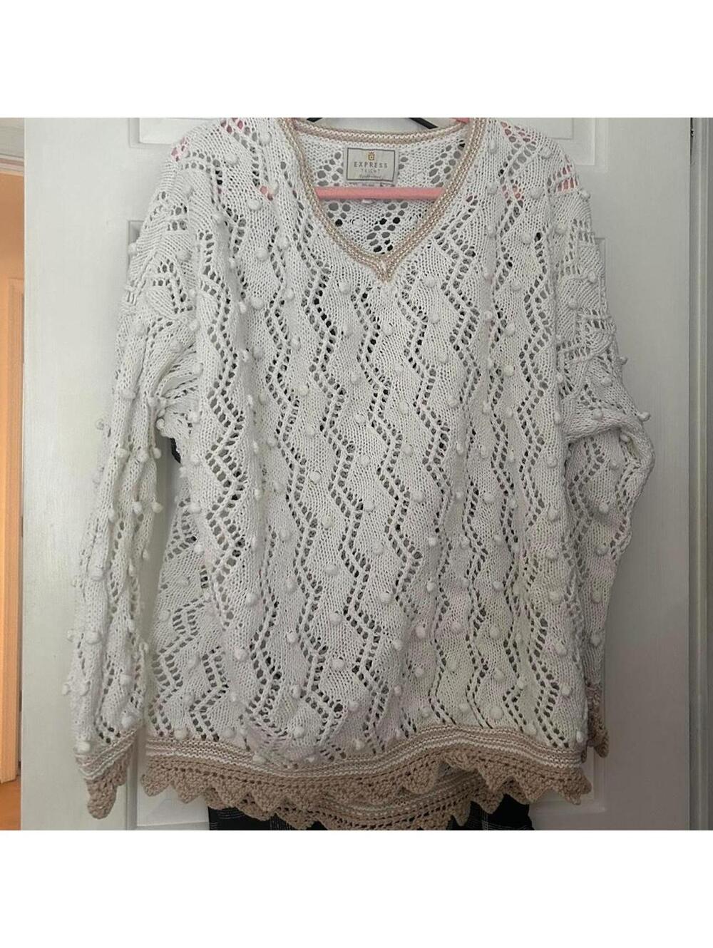 Vintage Express Tricot Cream Hand-knitted Sweater Size Medium